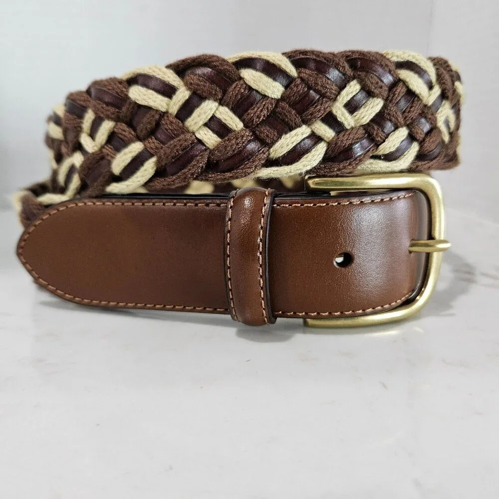 Tommy Bahama Mens Braided Canvas & Leather Belt Brown Beige Size 40 Brass Buckle